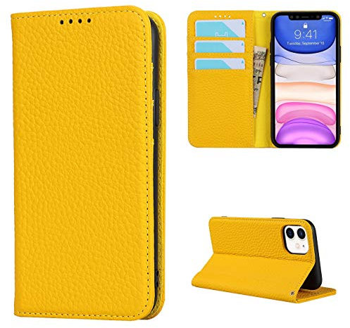 Copmob iPhone 11 Cover,Flip Vera Pelle Portafoglio Custodia in pelle Genuine,[4 Slots][Chiusura magnetica],Custodia Case Cover per iPhone 11 - Giallo