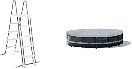 Intex Sicherheitsleiter 28077, für Pools von 132 cm Höhe, grau & Deluxe Pool Cover - Poolabdeckplane Deluxe - Ø 488 cm - Für Ultra Frame Pool