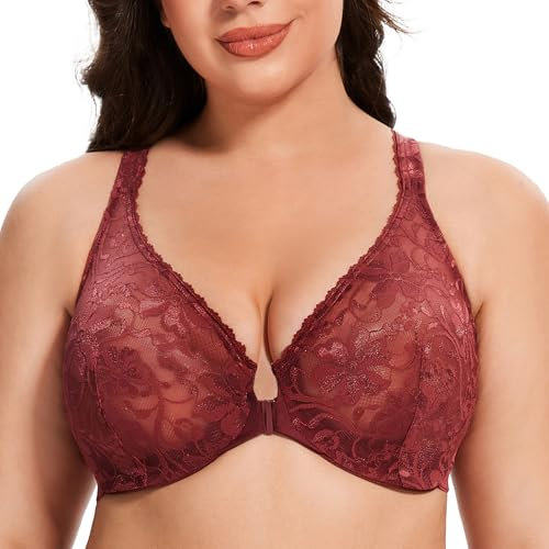 MELENECA Women's Front Fastening Underwire Plus Size Racerback Non Padded Sexy Lace Bra Cabernet Red 42B