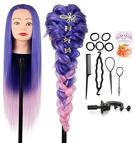 Auzass Hairdressing Head, Soft 26-28Inch Training Head 100% Synthetic Fiber Hair Mannequin Head Hairstyling Dolls Head with Table Clamp+Braid Set, Present for Girls Kids Hairdressers