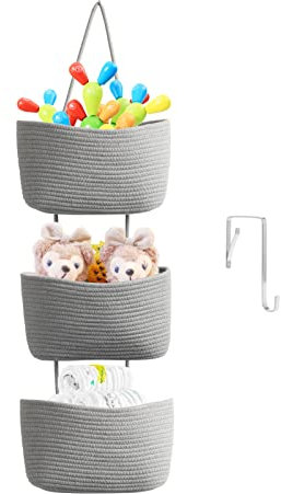 TeoKJ Tür-Organizer, 3-stöckig, gewebte Baumwolle, hängende Küchenkörbe, Aufbewahrungs-Organizer-Tasche mit Haken, Wandmontage, dekorative Seilkörbe, Grau