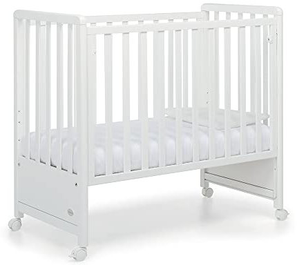Foppapedretti Lettino Culla con Sponda a Scomparsa Pikkoletto, Made in Italy, Legno di Faggio, Rete a doghe a 3 altezze, Materassino Incluso, 112x61x106 cm, ruote piroettanti, Bianco