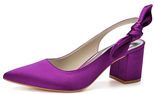 GGBLCS CG1608-27 Women's Bridal Shoes with Block Heel 6 cm Pointed Toe Satin Slingback Wedding Shoes, purple lilac, 10 UK
