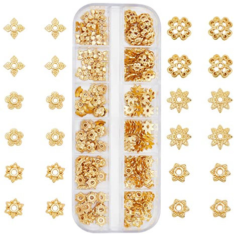 PandaHall Perlenkappen, 180 stücke 6 Stile Echte 18 Karat Vergoldete Legierung Blumenförmige Endkappen Metall Filigrane Blumenkappe Für Ohrring Armband Halskette Schmuck DIY Handwerk