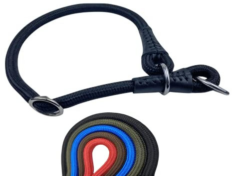 Soft Cord - Hundehalsband mit Zugbegrenzung, Nylon Halsung, Zugstopper, schwarz, L - 55cm, einstellbar, robust, wetterfest, innen textilverstärkt und Endkappen aus Leder