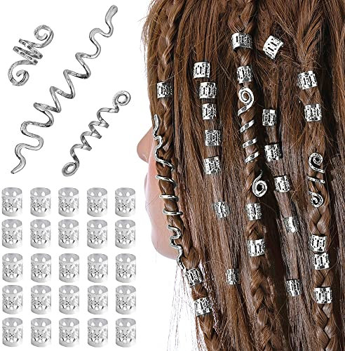 XCSJ 28 Stück Dreadlocks Schmuck Haarspiralen Clips Verstellbar Metall Cuffs Haar Flecht Perlen Dreadlocks Perlen Haarschmuck Braids Haar Zubehör Für Frauen Männer Zöpfe Dekoration (Silber)