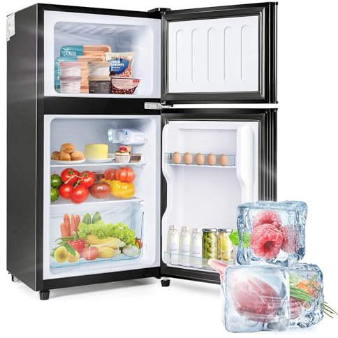 Merax-Kühl-Gefrierkombination, 86.8 x46.5 cm, Doppeltür, mit 60 Liter Gesamtvolumen, 38 L Kühlen + 22 L Gefrieren. 172 kWh/Jahr, für Kleinfamilien und Singles，Schwarz [Energieklasse F]