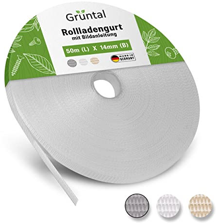 Grüntal® 50m Rollladengurt 14mm 23mm [Made in Germany] mit Anleitung- Für bis zu 8 Rollladen [Hohe Stabilität durch doppelte Webkanten]- schneller Rolladengurt-Wechsel