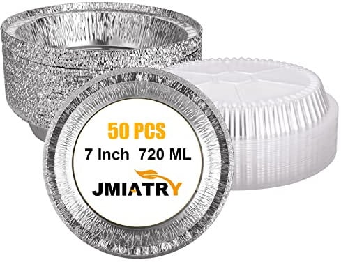 JMIATRY Paquete de 50 bandejas redondas de papel de aluminio de 7 pulgadas con tapas, hornear, comida para llevar y almacenamiento de alimentos