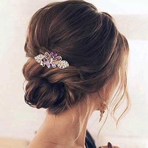 TseenYi Kristall Blume Butterfly Haarspange Gold Strass Edelstein Clip Bling Braut Französische Hochzeit Kopfbedeckung für Frauen und Mädchen (Mit Lila Kristall)