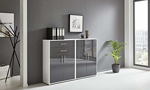 BMG Möbel Aktenschrank Office Edition Set 17, Büroschrank mit Metallgriffen Made in Germany (Weiß/Anthrazit Hochglanz)