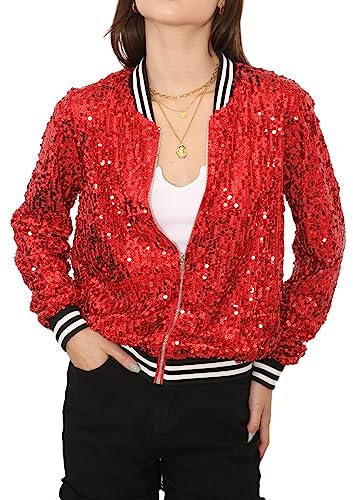 ANNA-KACI Damen Pailletten Rib Rop Langarm Reißverschluss Bomberjacke Jacke, Rot, X-Large