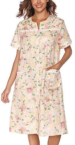 YOZLY House Dress Womens Cotton Housecoat Short Sleeve Duster Robe with Pockets Flower Pink, X-Large
