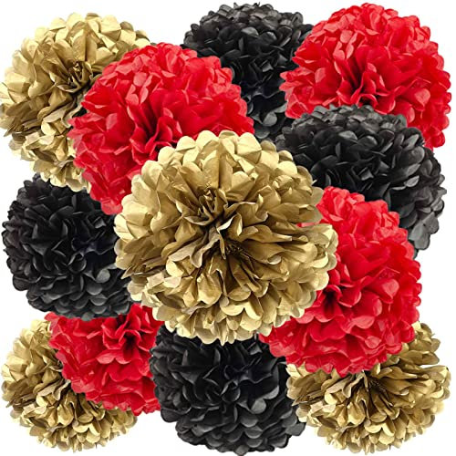 We Moment Zone 12 Stück Papier Pompons Set,Schwarz Rot Gold Tissue Pom Poms Papier für Hochzeit,Geburtstag,Party- 30,5 cm, 25,4 cm