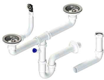 GRANMASTER Siphon évier de cuisine Siphon manuel à 2 chambres avec trop-plein - Bonde pour évier - Fabriqué en Italie Raccordement en bas : panier à tamis 3 1/2 - 38 x 26 x 12 cm