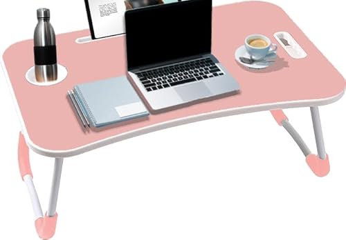 KKTECH Folding Laptop Bed Table Lap Standing Desk Sofa Breakfast Table Bed Tray Laptop Lap Desk with Cup Holder Notebook Stand Steel Legs 60x40x28cm (Pink)