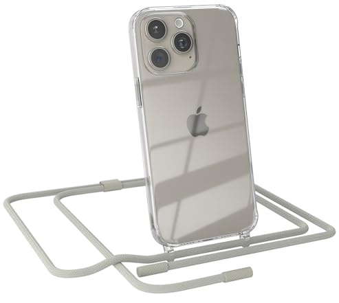 EAZY CASE - Handykette kompatibel mit iPhone 15 Pro Max - dünne Handyhülle für iPhone 15 Pro Max Hülle mit Band als Fallschutz Kette zum Umhängen transparente Hülle Silikon in Taupe