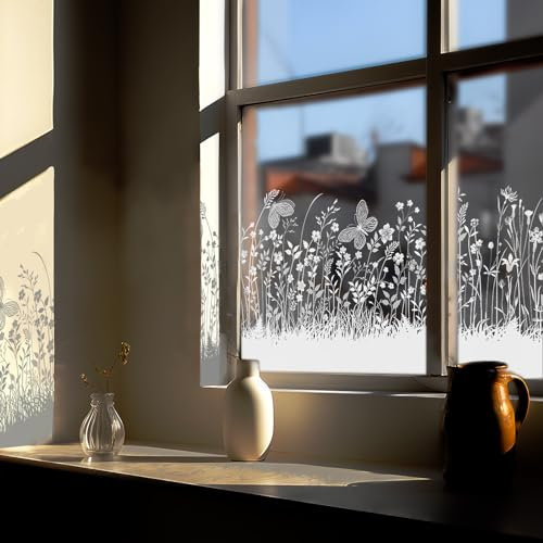ChicSkin Fensterbilder Reinweiße Wiesen Schmetterling, Selbstklebend Fensterbilder frühling, Mehrweg fensterbilder Blumen, Frühlingsdeko Wohnzimmer Schlafzimmer Bad Küche fensterdekoration 39x150cm
