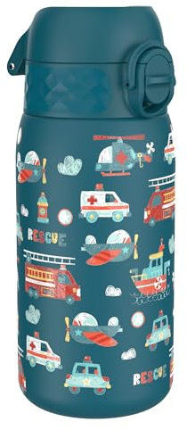 Ion8 Gourde Enfant, Inox Léger, 400ml, Non Isolé, Anti-Fuite, Facile à Ouvrir, Verrouillage Sécurisé, Lavable au Lave-Vaisselle, Poignée de Transport, Acier Inoxydable, Véhicules De Secours