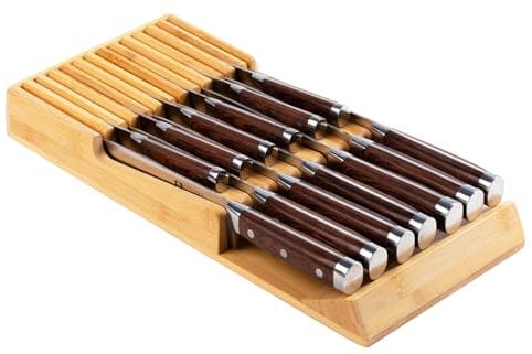 Bamboo Kitchen Drawer Knife Block, In drawer Knife Holder, Knife Drawer Organizer fit for 13 knives