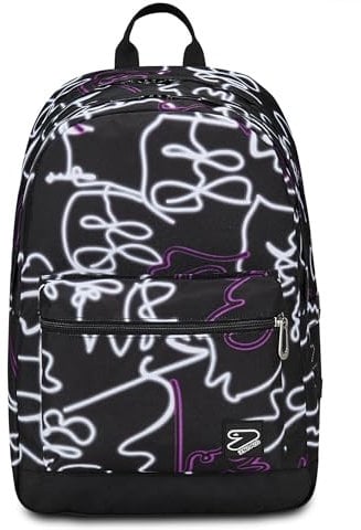 Seven Zaino Scuola Pro XXL The Double, Nero Viola, Zaino Doppio Scomparto Con Auricolari Earphones Wireless Led, Tasca Porta PC o Tablet e Tasca Porta Borraccia, Zaino Medie Superiori Ragazza