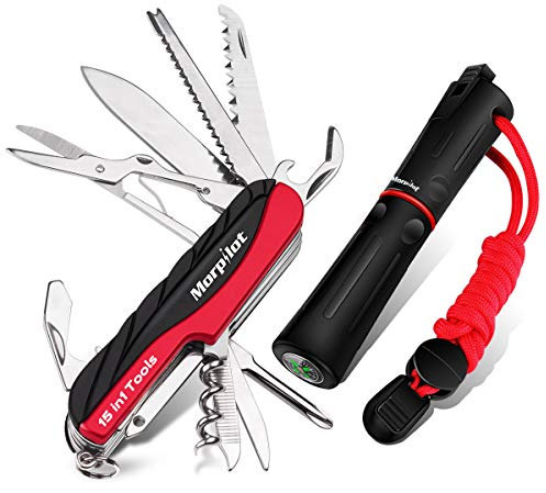 Morpilot Schweizer Messer, 15 in 1 Multi Tools aus Edelstahl, Schweizer Taschenmesser, 4 in 1 Feuerstein, mit Schraubendreher, Pfeife, Säge und Compassrstein