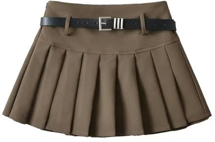 College-Stil, Spleißdesign, Gürtel verzierter Faltenrock, altersreduzierender Western-Stil, hoch taillierter Rock – Kaffeefarbe – S