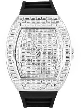 Techno Pave Iced Out Herrenuhr in Tonneau-Form, 41 mm, Silikonband, silber, mens-standard