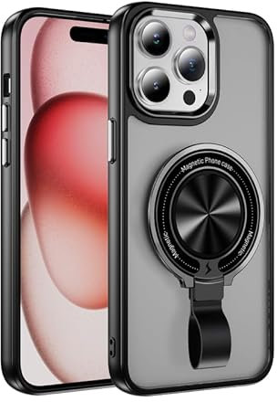 Nikaque Handyhülle für iPhone 15 Pro Max, transparente Hülle, magnetisches kabelloses Laden, 360° drehbarer Ringhalter mit Riemen, transparent, harte Polycarbonat, stoßfeste Rückseite, Schwarz