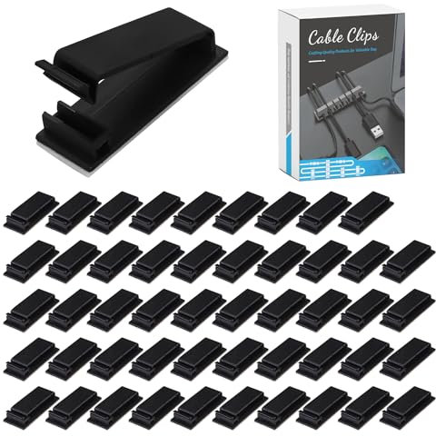 Vacallity 50 Pcs Adhesive Cable Management Clips Electrical Wire Organisers Plastic Sticky Cord Holder Tidy for Car Office and Home (Black)