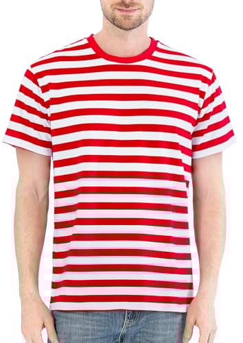 COSAVOROCK Red and White Striped T Shirt Mens Short Sleeved Shirts L