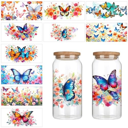 Cup Wraps, 10 Stück Cup Wraps für Glasbecher Schmetterling und Blume Transfer Aufkleber Aufbügel Aufkleber für Tassen Möbel Holz DIY Handwerk