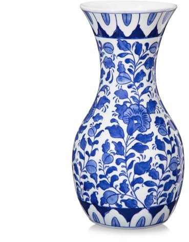 Blaue und Weiße Blumenvase, 27CM Keramikvase mit Breiter Öffnung und Blumenmuster, Große Retro Chinoiserie Vase Deko, Vintage Vase für Blumen Tisch Centerpiece Wohnzimmer Bücherregal Dekoration
