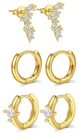 AVYRING 3 Paare 14K vergoldete Stecker Ohrringe für Damen, Quadratische Diamant Ohrringe Stacks Zierliche Kleine Stecker Huggie Hoop Ohrringe Set für Mehrere Piercings