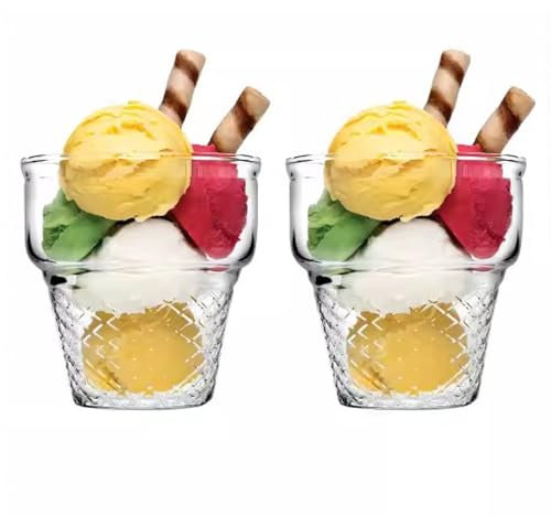 TAMUME Eisbecher aus Glas mit Waffelkegel Design, 2er Set Glas Dessertschale