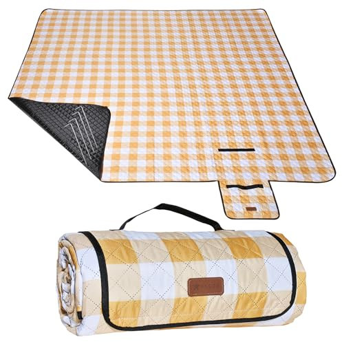 HX&OD Waterproof Picnic Blanket, 80''x80'', Foldable Gingham Mat for Beach, Camping, Grass, Lawn, Park, and Weddings (Yellow)