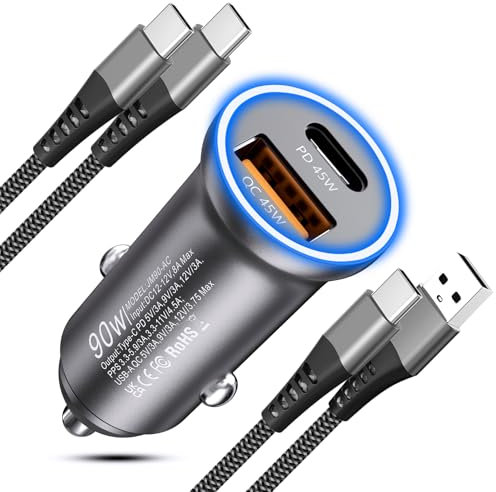 90W Caricatore Auto USB C,Caricabatterie Auto [PD45W & QC45W] Adattatore Presa Accendisigari USB C Carica Batteria per Auto Cellulare con Cavi per iPhone 16 15 Pro Max,Galaxy S25 S24 S23