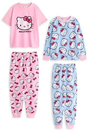 Hello Kitty Ensemble Pyjama pour Filles, Lot de 2 | Haut à Manches Courtes et Bas de Pyjama à Manches Longues avec Motif Kitty Blanc Bleu et Rose pour Enfants | Personnage de Chaton