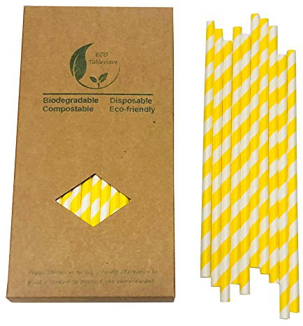 Yellow And White Striped Paper Straws, Disposable Yellow Striped Drinking Straws for Party Supplies, Birthday, Wedding, Bridal Shower, Juice, Shakes, Smoothies