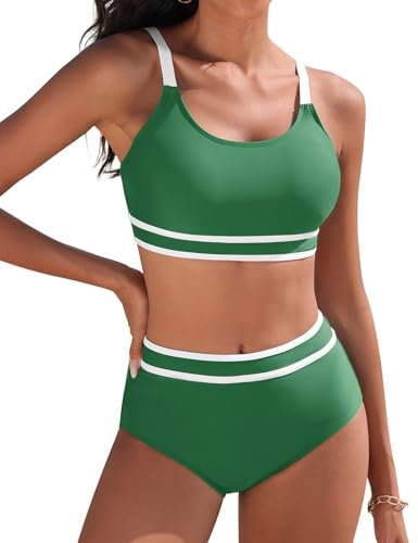 Yuson Girl Traje de Baño para Mujer Conjunto de Bikini Push Up Patchwork de Rayas Bikini Deportivo Cintura Alta Bikini Secado Rapido Control de Vientre Bañador Reductor Bikini Dos Piezas(Verde, XL)