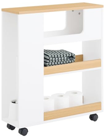 SoBuy Mueble Portarrollos de Papel Higiénico Mueble de Baño con Ruedas, Blanco y Natural, 60x20x71cm BZR190-WN ES