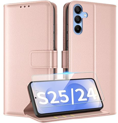TQIAHF for Samsung Galaxy S25 5G / S24 5G Case Leather Wallet Phone Case Cover with Screen Protector Card Holder Magnetic Flip Case Shockproof Folio Stand Slim Book Style Phone Cover,Rose Gold