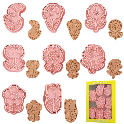 EUIEUT 8 Pièces Emporte Pièce 3D Moule Biscuit, Emporte Piece Biscuit Fleur Moules à Biscuits Plastique Emporte Piece Patisserie en Forme de Fleurs pour Décoration de Fondant Biscuit Cookie