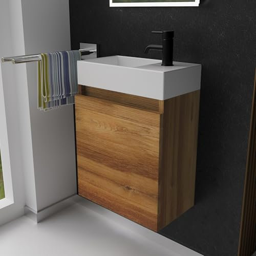 Alpenberger Waschbecken mit Unterschrank 45 cm | Badezimmermöbel Set | Kleines Waschbecken Gäste WC | Waschtisch Set | Unterschrank Bad Waschbeckenunterschrank Bamboo