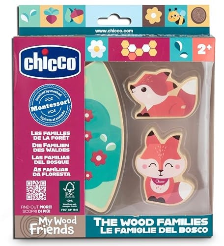 Chicco, Sammelfiguren aus Holz, Montessori-Spiel, 2 Füchse, 1 Puzzleteil, Entdecke das Universum My Wood Friends, Geschichten erfinden, Mädchenspiel, Kinderspiel ab 2 Jahren, Geschenkidee
