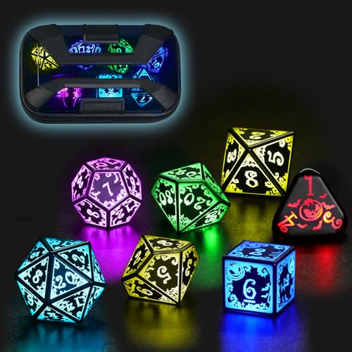 FONVGOGO Juego de dados DND Iluminados Recargables con Estuche de Carga para Mazmorras y Dragones Conjunto Único y Genial de Dados LED D y D Conjunto de Dados Poliédricos de 7 Colores para Juegos de
