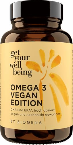 get your wellbeing by BIOGENA - Omega 3 vegan Algenöl 1000mg, 30 Kapseln | Hochdosiert, Mit DHA & EPA Fettsäuren, Aus nachhaltiger Indoor-Algenzucht, Nahrungsergänzungsmittel, Konservierungsstofffrei