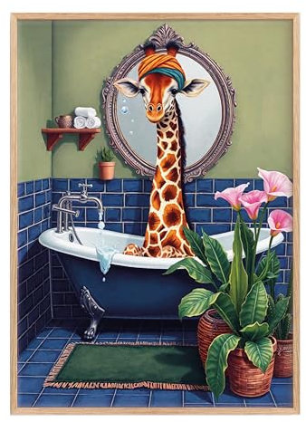 Funny Bathroom Wall Art Poster of a Giraffe sitting in a bath tub surrounded by colourful florals (Giraffe, A4-210x297mm, Print Only)