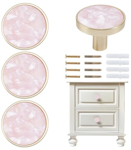 DELORIGIN 4 Packs Drawer Knobs Gold Dresser Knob Zinc Alloy Pulls Handles Mother of Pearl Furniture Knobs Accessories for Kitchen Cabinet Dresser Drawers Door Decorative,1.2 Diameter,Pink