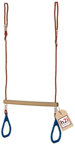 h2i Trapez Schaukel mit Turnringen | Trapezstange aus Holz mit Seilen & Karabiner | Gymnastikringe aus Kunststoff in blau | Kinderschaukel Outdoor & Indoor | Turngeräte für Kinder